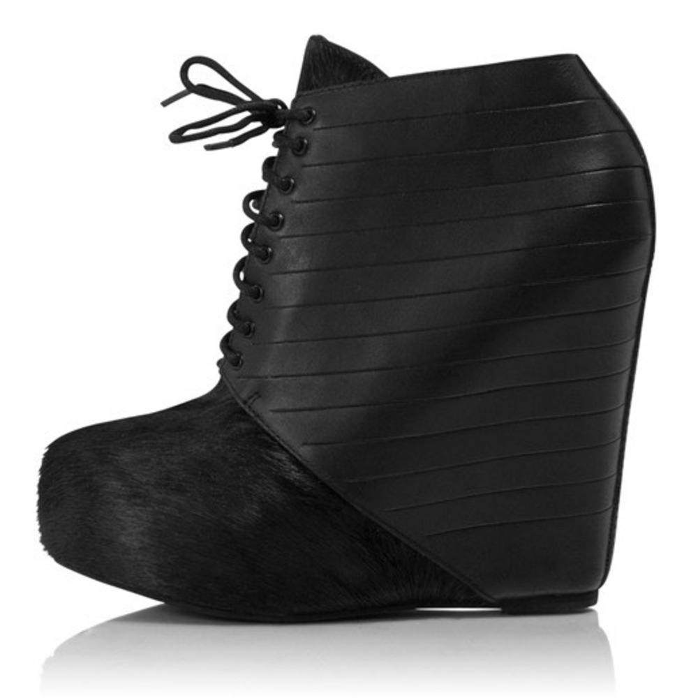 Matiko Stella Black Leather Pony Hair Lace Up Wedge Ankle Booties Size 7.5